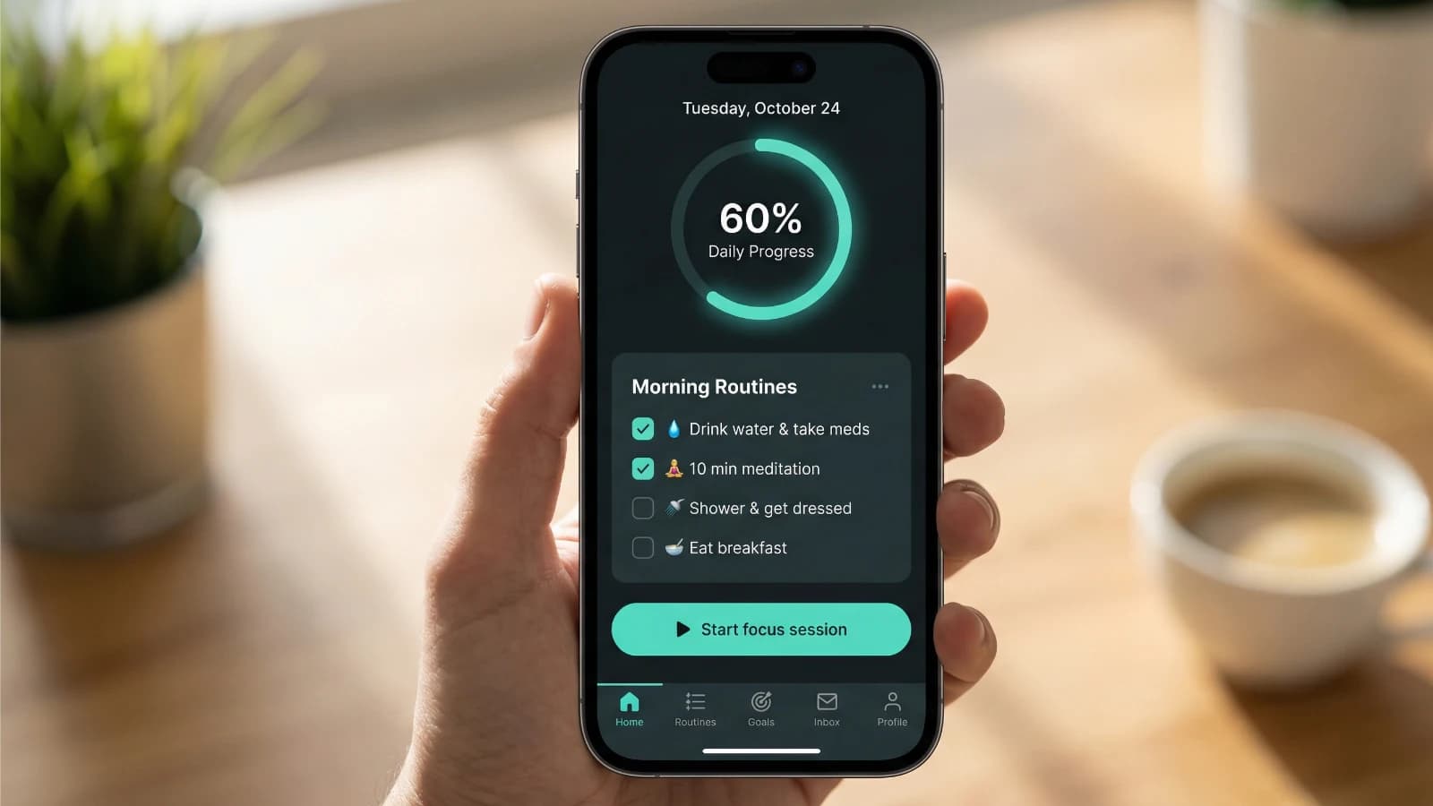 RoutineBuddy home screen showing a circular progress ring at 60%, morning routines, and a Start focus session button