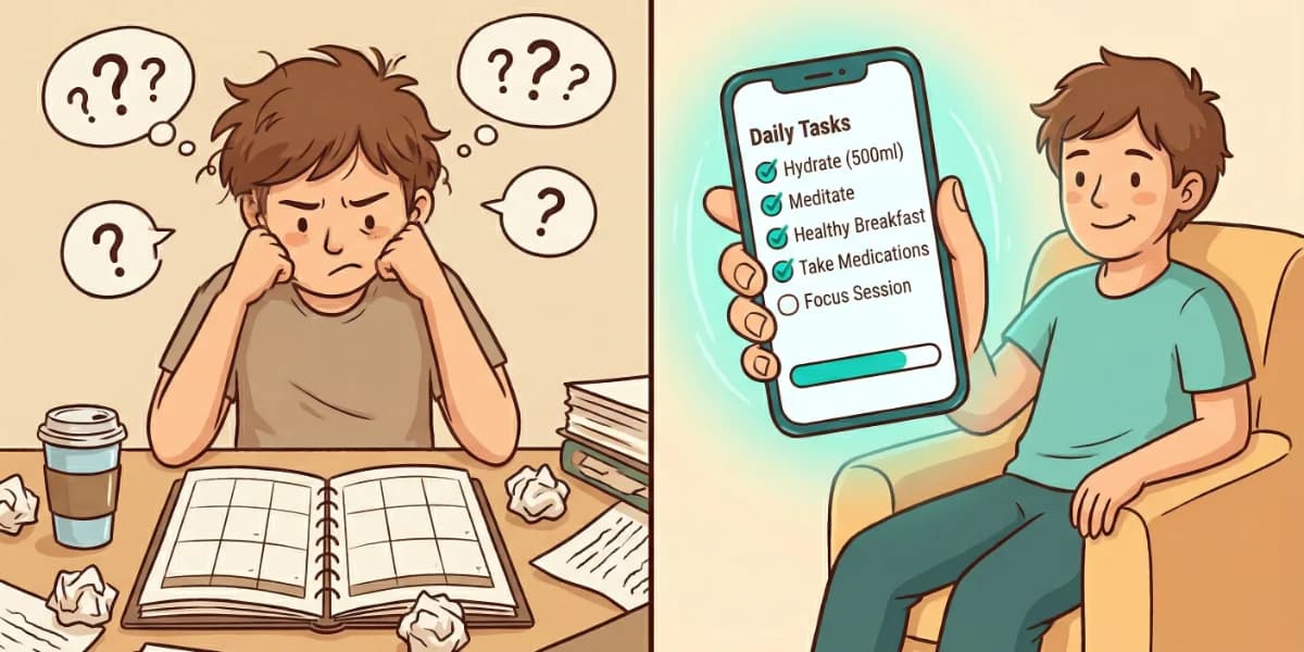 Split illustration: a person overwhelmed by an empty planner on the left, and the same person relaxed ticking off a routine on their phone on the right