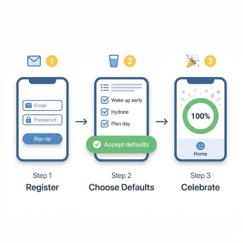 Three-step diagram showing account creation, accepting default routines, and a completed home screen