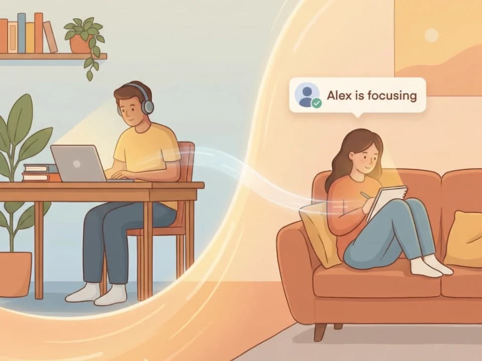 Illustration of two people working separately but connected through RoutineBuddy body doubling, with an 'Alex is focusing' status badge