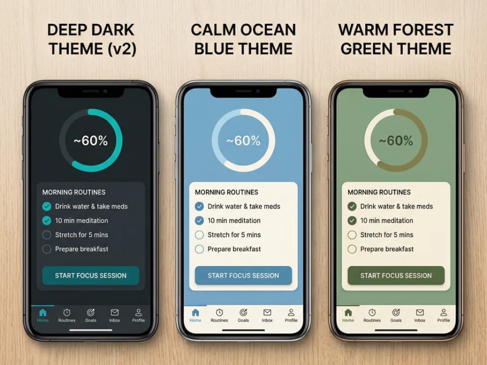 Side-by-side comparison of RoutineBuddy in dark, Ocean, and Forest themes showing the same home screen in different colour palettes